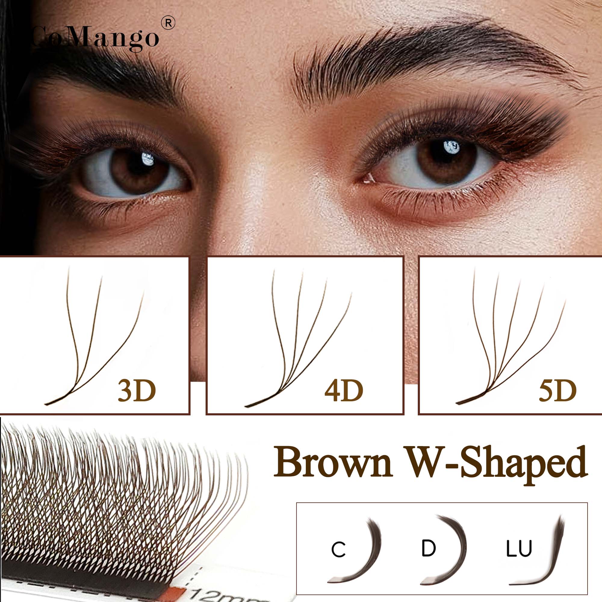 Eyelash Extension Volume Styles - CoMango C/D/LU Brown 3D/4D/5D W Shaped